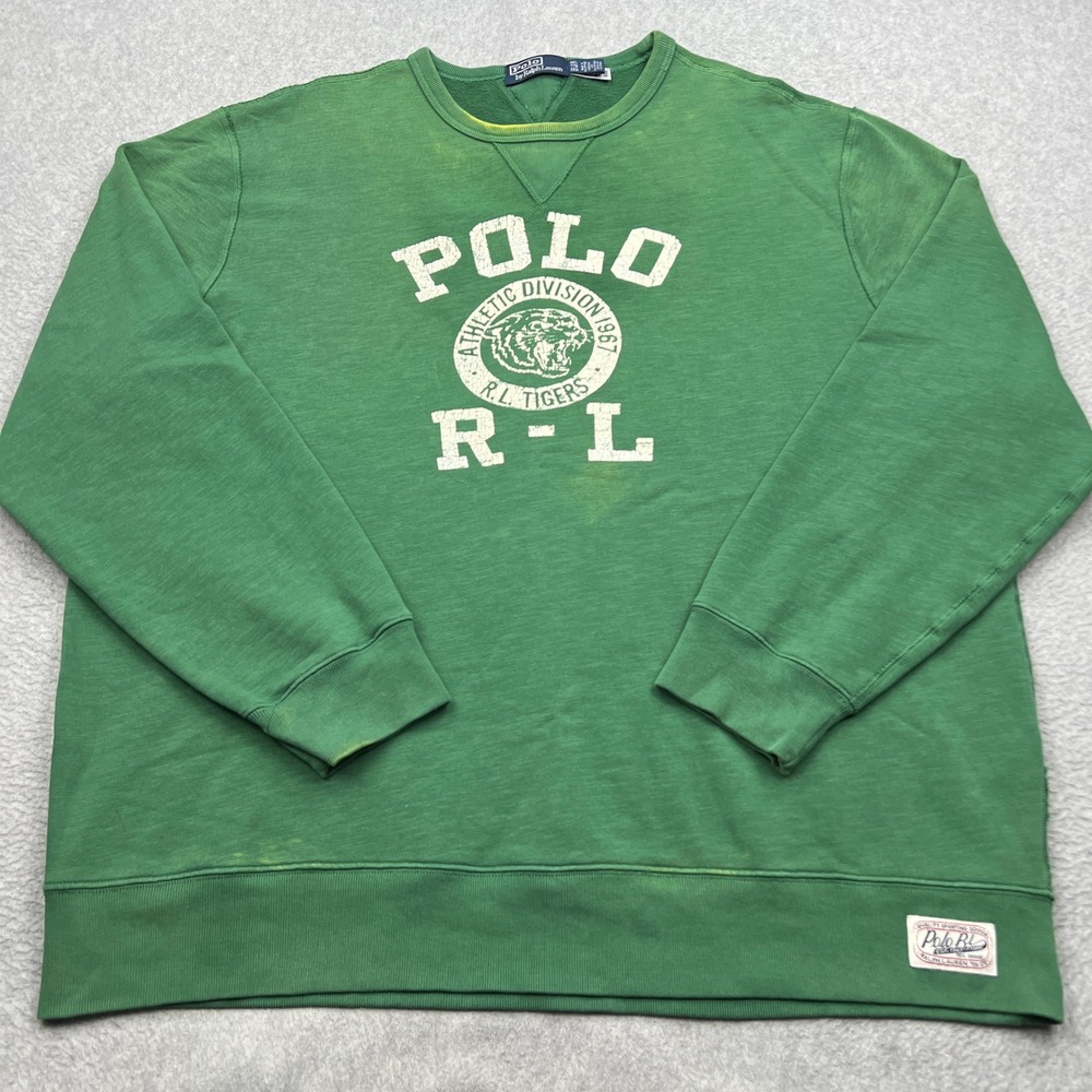 Polo Ralph Lauren Logo Slub Fleece Sweatshirt Mens XXL Green V-Notch Tigers Crew